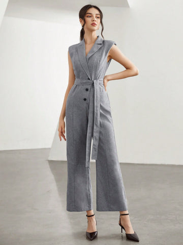 Notched Collar Single Breasted Belted Jumpsuit