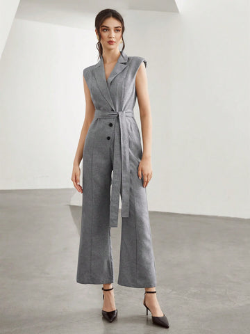 Notched Collar Single Breasted Belted Jumpsuit