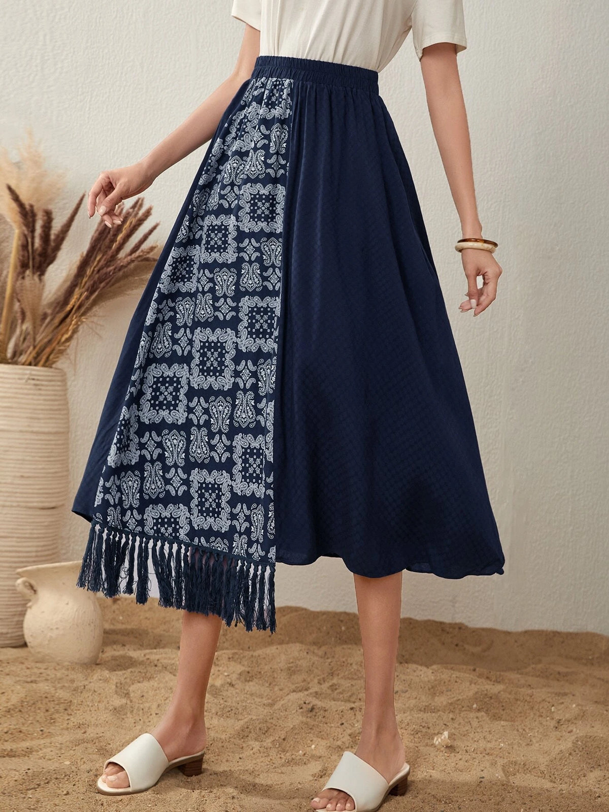 Mulvari Paisley Print Colorblock Panel Fringe Trim Skirt