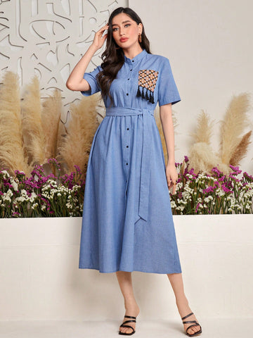 Patchwork Floral Print Fringe & Tassel Trimmed Striped Dress
