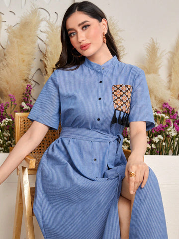 Patchwork Floral Print Fringe & Tassel Trimmed Striped Dress