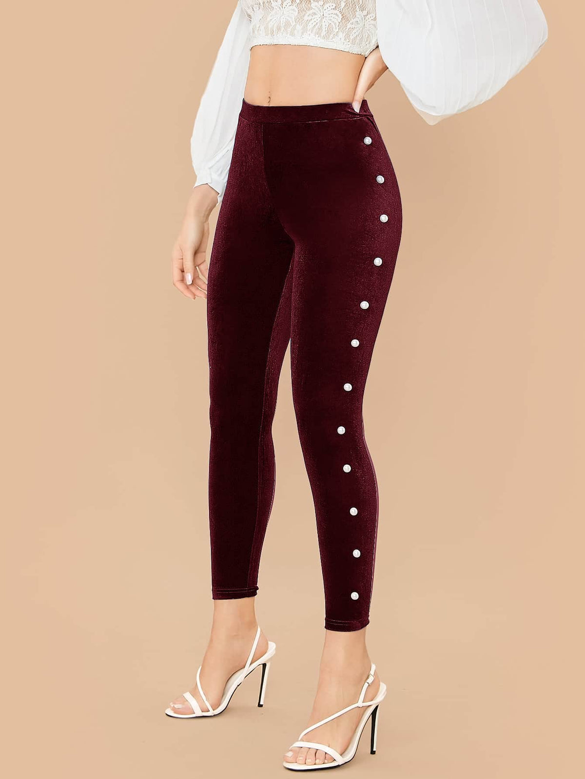 Mulvari Pearl Beaded Velvet Skinny Pants