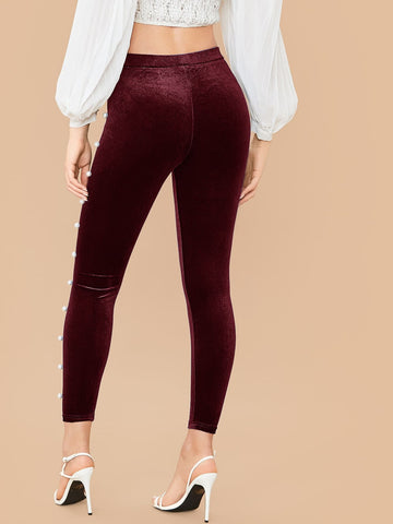 Mulvari Pearl Beaded Velvet Skinny Pants