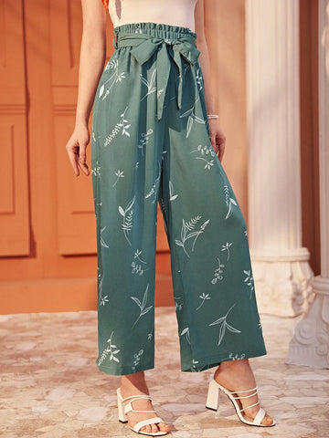 Mulvari Plants Print Paperbag Waist Wide Leg Pants