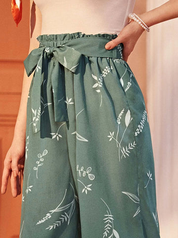 Mulvari Plants Print Paperbag Waist Wide Leg Pants