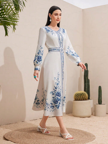 Positioned Floral Print Lantern Sleeve Dress