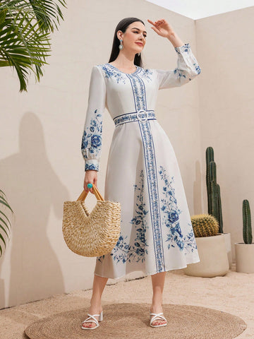 Positioned Floral Print Lantern Sleeve Dress