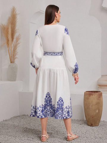Printed Lantern Sleeve Dress