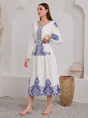 Printed Lantern Sleeve Dress