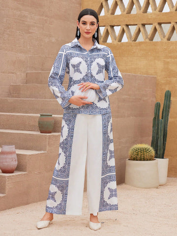 Printed Long Sleeve Shirt And Wide Leg Pants Two Piece Set