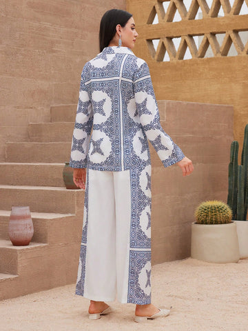 Printed Long Sleeve Shirt And Wide Leg Pants Two Piece Set