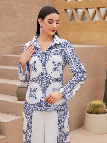 Printed Long Sleeve Shirt And Wide Leg Pants Two Piece Set