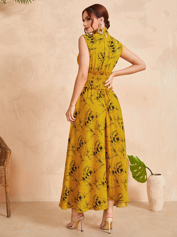 Mulvari Ruched Neck Frill Trim Shirred Waist Floral Dress