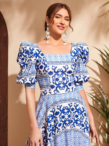 Mulvari Scroll & Floral Print Puff Sleeve Square Neck Blouse