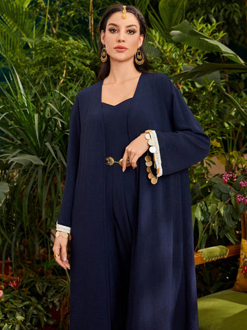 Shiny Decorated Cuff Long Sleeves Jacket And Spaghetti Strap Dress Without Belt 2pcs/Set