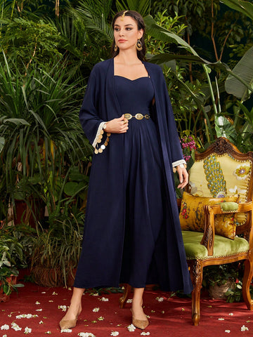 Shiny Decorated Cuff Long Sleeves Jacket And Spaghetti Strap Dress Without Belt 2pcs/Set