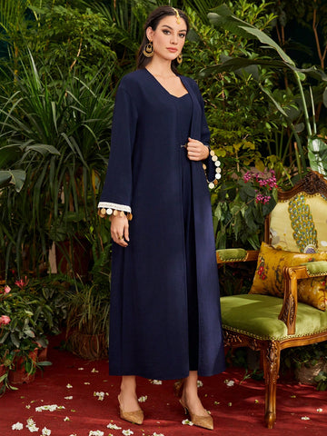 Shiny Decorated Cuff Long Sleeves Jacket And Spaghetti Strap Dress Without Belt 2pcs/Set