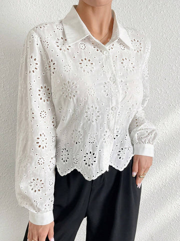 Mulvari Solid Color Hollow Out Embroidered Button Front Casual Long Sleeve Shirt