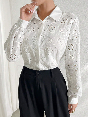 Mulvari Solid Color Hollow Out Embroidered Button Front Casual Long Sleeve Shirt