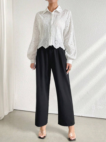 Mulvari Solid Color Hollow Out Embroidered Button Front Casual Long Sleeve Shirt
