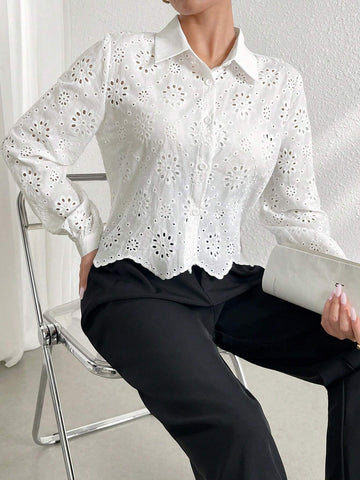 Mulvari Solid Color Hollow Out Embroidered Button Front Casual Long Sleeve Shirt