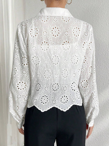 Mulvari Solid Color Hollow Out Embroidered Button Front Casual Long Sleeve Shirt
