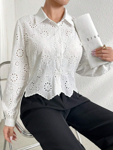 Mulvari Solid Color Hollow Out Embroidered Button Front Casual Long Sleeve Shirt