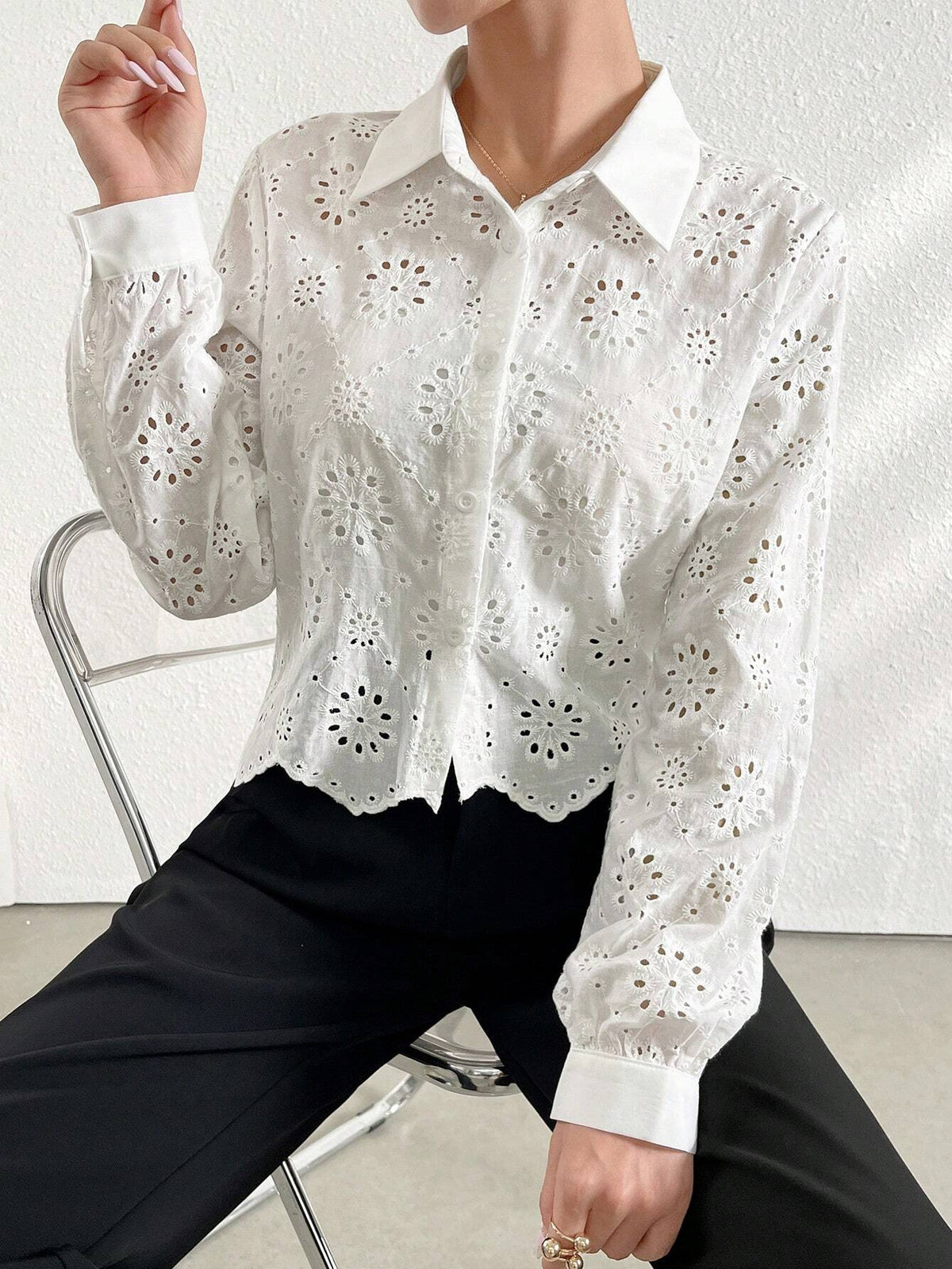 Mulvari Solid Color Hollow Out Embroidered Button Front Casual Long Sleeve Shirt