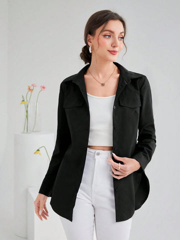 Solid Color Long Sleeve Women's Casual Shirt With Faux Pocket, Spring/Summer