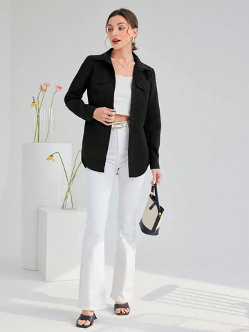 Solid Color Long Sleeve Women's Casual Shirt With Faux Pocket, Spring/Summer