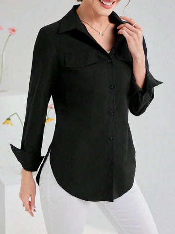 Solid Color Long Sleeve Women's Casual Shirt With Faux Pocket, Spring/Summer