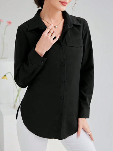 Solid Color Long Sleeve Women's Casual Shirt With Faux Pocket, Spring/Summer