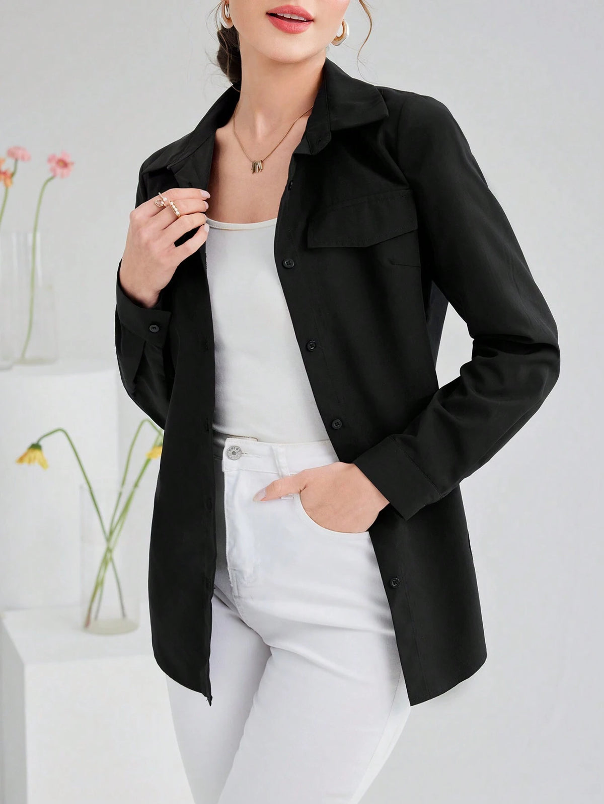 Solid Color Long Sleeve Women's Casual Shirt With Faux Pocket, Spring/Summer