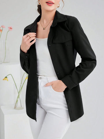 Solid Color Long Sleeve Women's Casual Shirt With Faux Pocket, Spring/Summer