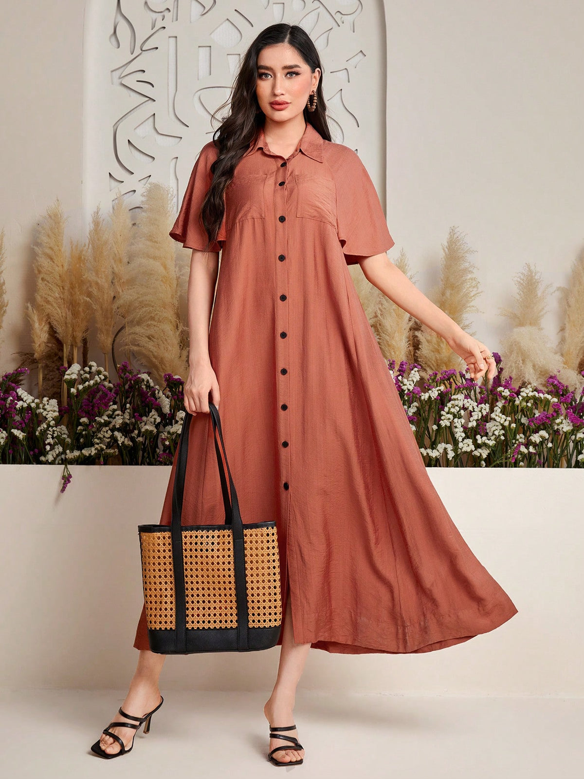 Solid Color Loose Fit Button-Up Casual Dress