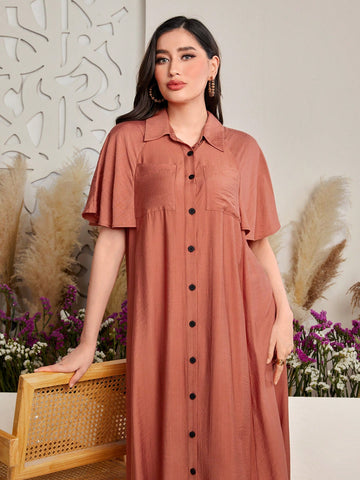 Solid Color Loose Fit Button-Up Casual Dress