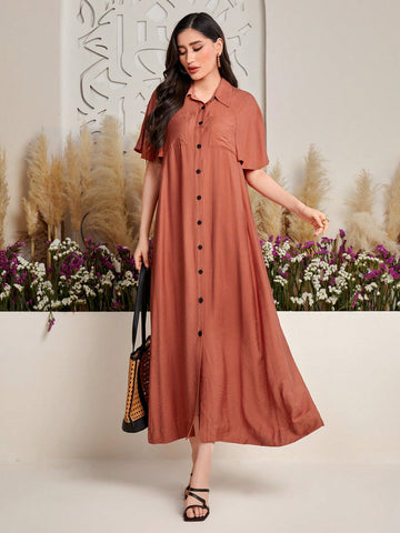Solid Color Loose Fit Button-Up Casual Dress