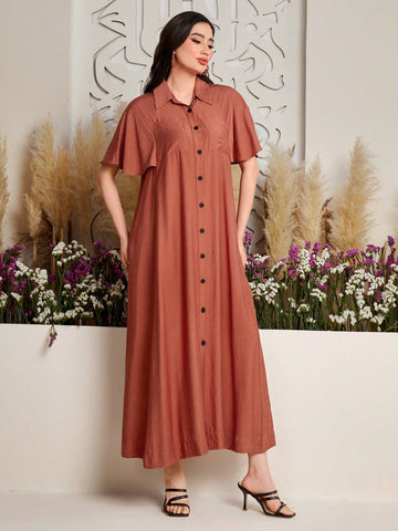 Solid Color Loose Fit Button-Up Casual Dress