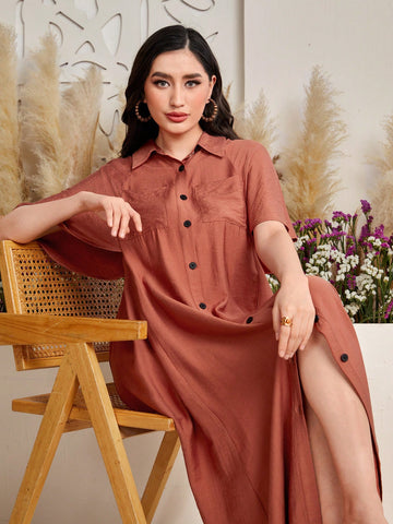 Solid Color Loose Fit Button-Up Casual Dress