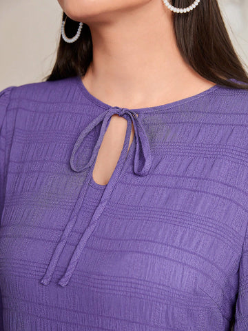 Solid Textured High Neck Tie Front Lantern Sleeve Ruffle Hem Dress