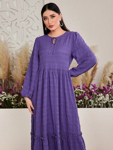 Solid Textured High Neck Tie Front Lantern Sleeve Ruffle Hem Dress
