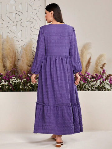 Solid Textured High Neck Tie Front Lantern Sleeve Ruffle Hem Dress