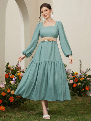 Square Neck Lantern Sleeve Dress Without Waist Belt