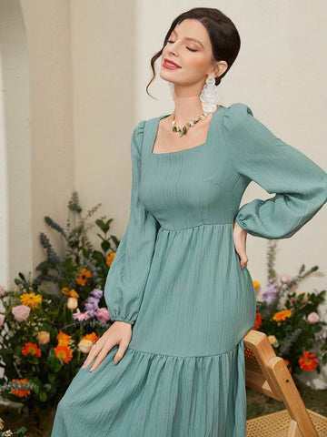 Square Neck Lantern Sleeve Dress Without Waist Belt