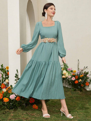 Square Neck Lantern Sleeve Dress Without Waist Belt