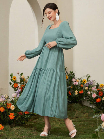 Square Neck Lantern Sleeve Dress Without Waist Belt