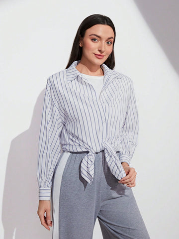 Striped Print Drop Shoulder Shirt Without Tee
