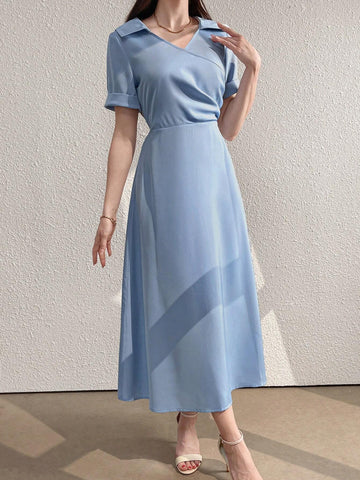 Summer Casual Solid Color Wrap Around Long Dress With Cinched Waist