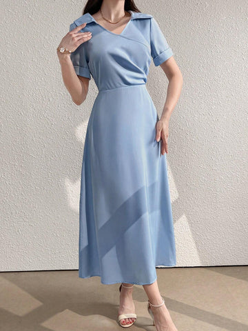 Summer Casual Solid Color Wrap Around Long Dress With Cinched Waist