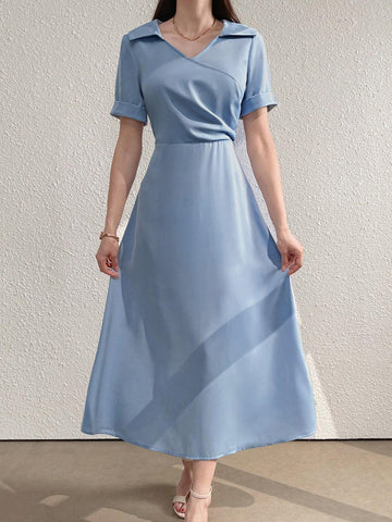 Summer Casual Solid Color Wrap Around Long Dress With Cinched Waist